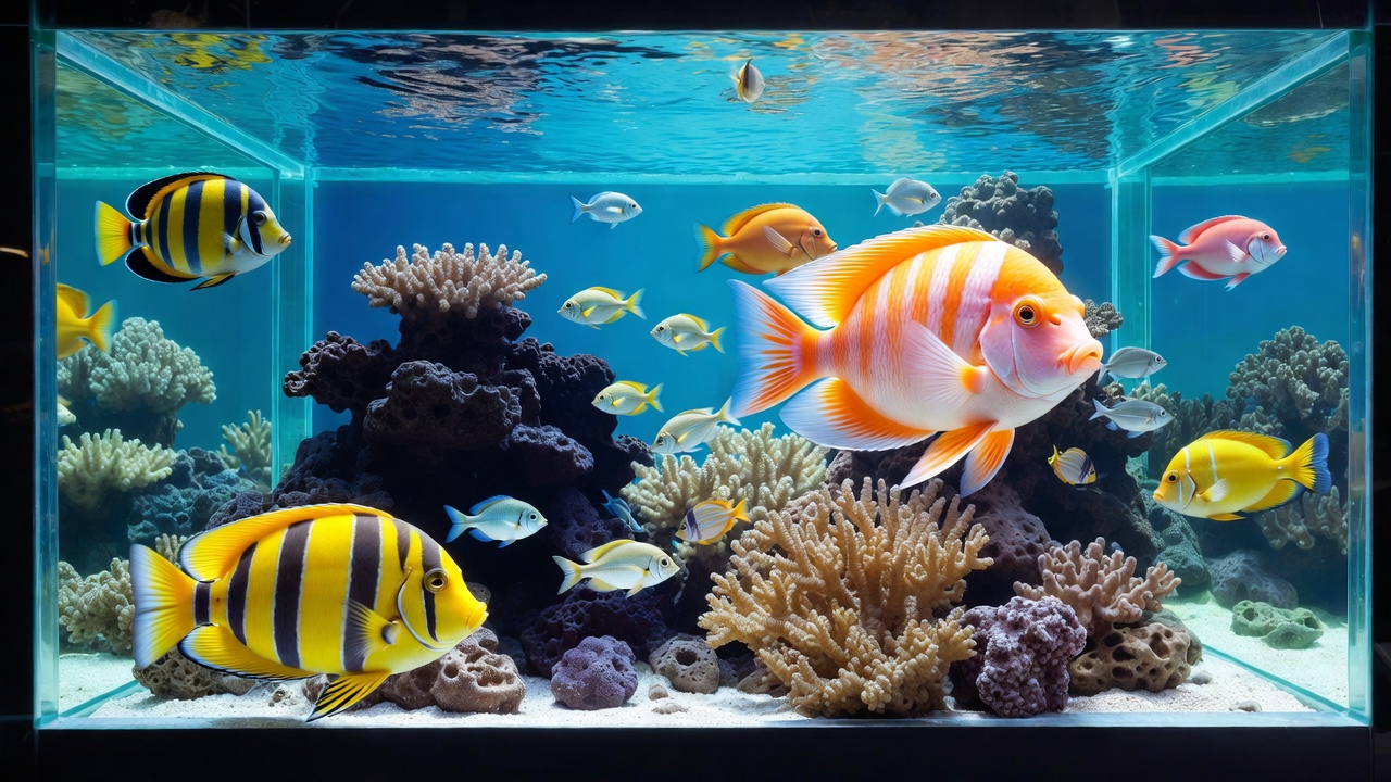 Crystal clear aquarium tank with vibrant tropical fish and coral