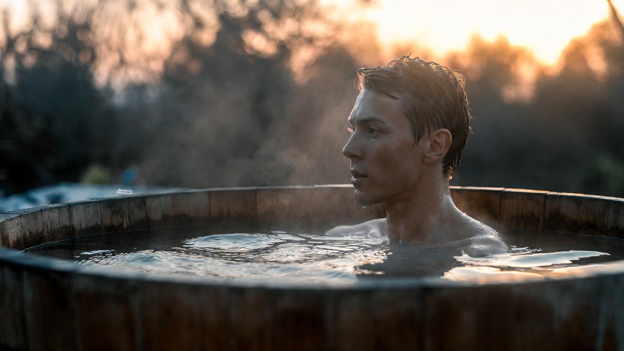 Man in outdoor cold plunge barrel at sunset with mist rising from cold water
