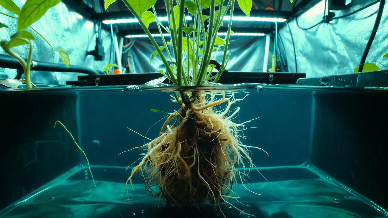 Hydroponic DWC plant roots submerged in water reservoir under LED grow lights