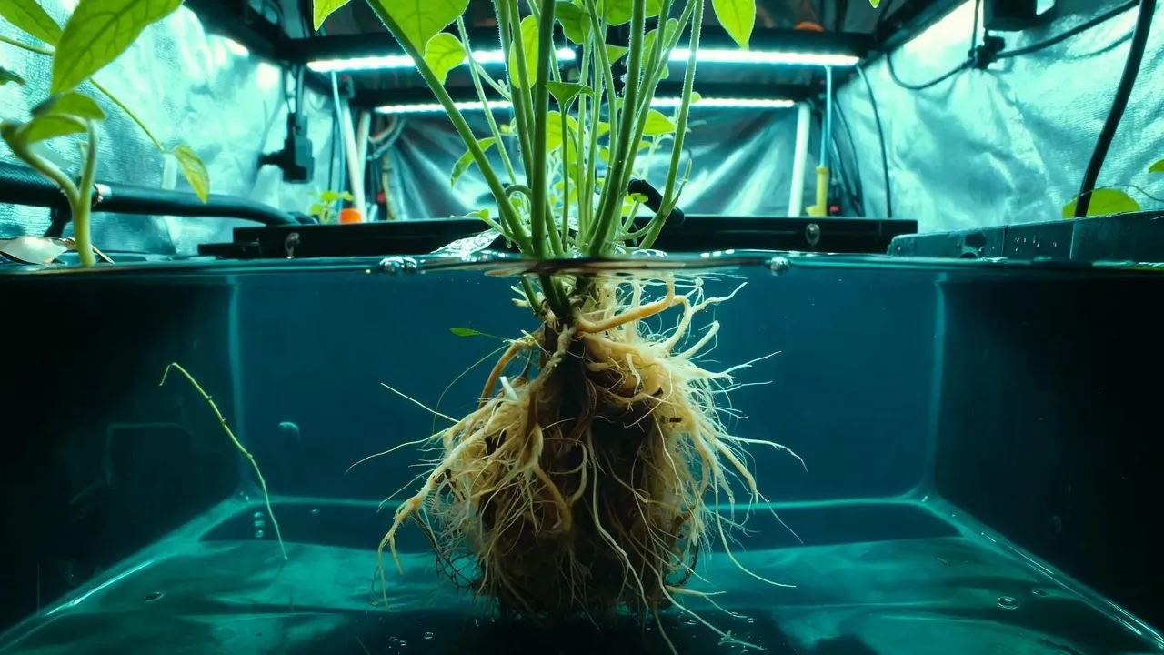 Hydroponic DWC plant roots submerged in water reservoir under LED grow lights