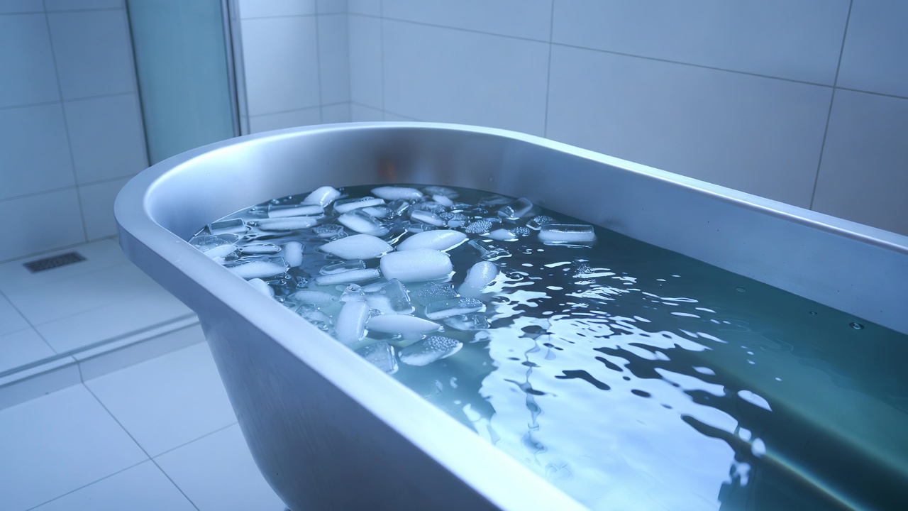 Modern ice bath tub filled with cold water and ice in a minimalist bathroom